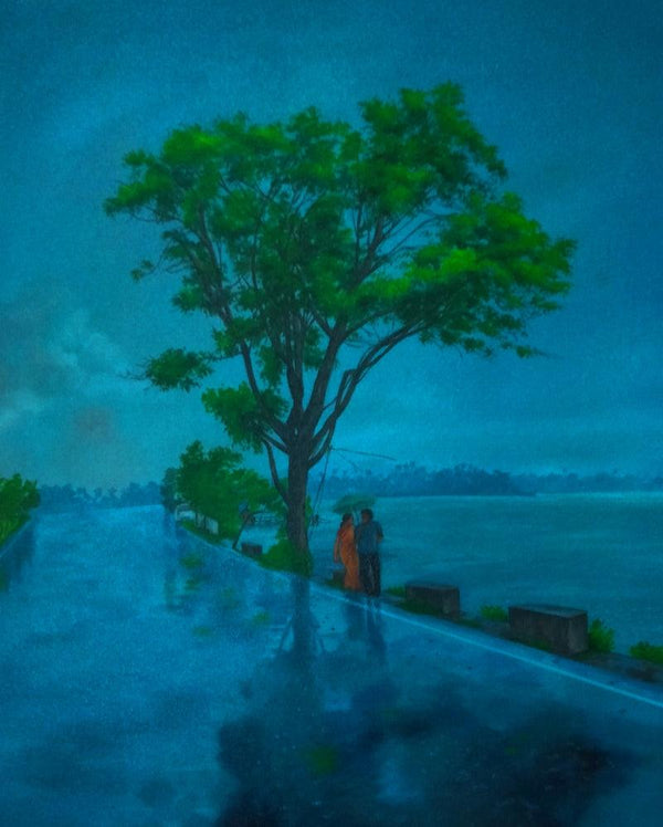 Landscape acrylic painting titled 'Saavan', 27x20 inches, by artist Lisha N T on Canvas