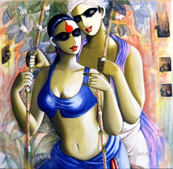 Figurative acrylic painting titled 'Saawan', 33x33 inches, by artist Kamal Devnath on Canvas