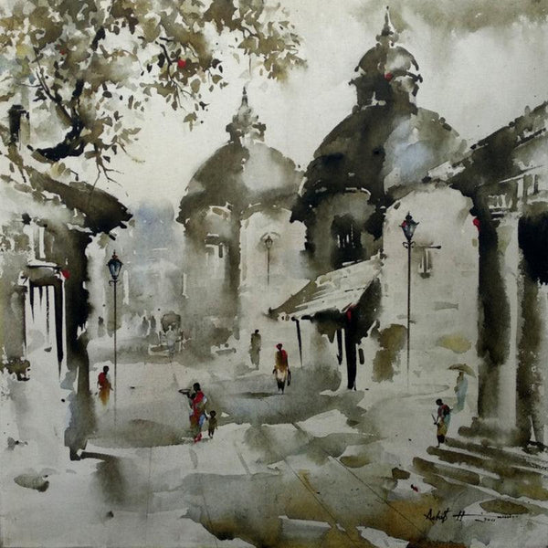 Cityscape acrylic painting titled 'Sacred Village', 30x30 inches, by artist Ashif Hossain on Canvas