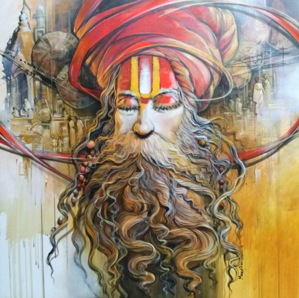 Religious acrylic painting titled 'Sadhu 3', 48x48 inches, by artist Manoj Das on Canvas