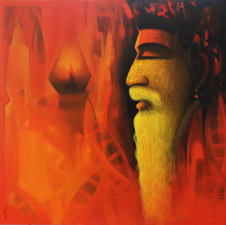 Religious acrylic charcoal painting titled 'Sadhu The Holy Man Of India 2', 40x40 inches, by artist Somnath Bothe on Canvas