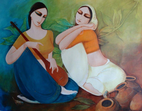 Figurative acrylic painting titled 'Saheli', 33x44 inches, by artist Kamal Devnath on Canvas