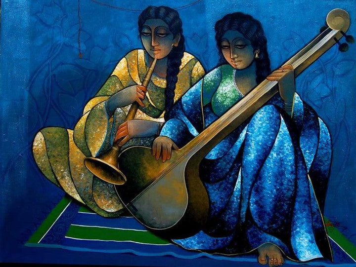 Figurative mixed media painting titled 'Saheli Playing Music', 37x47 inches, by artist Ram Onkar on Canvas