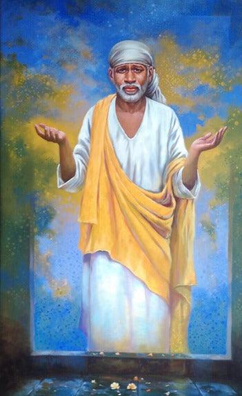 Religious acrylic painting titled 'Sai Baba', 48x30 inches, by artist Sanjay Lokhande on Canvas