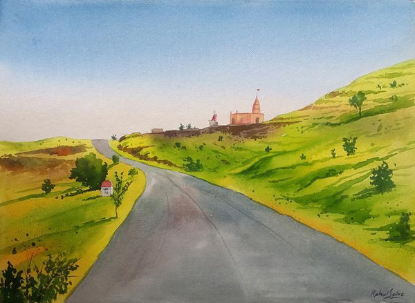 Landscape watercolor painting titled 'Sai Baba Temple Aurangabad', 15x11 inches, by artist Rahul Salve on Paper