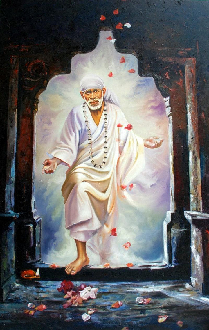 Realistic oil painting titled 'Sai Baba V', 72x48 inches, by artist Anurag Swami on Canvas Board