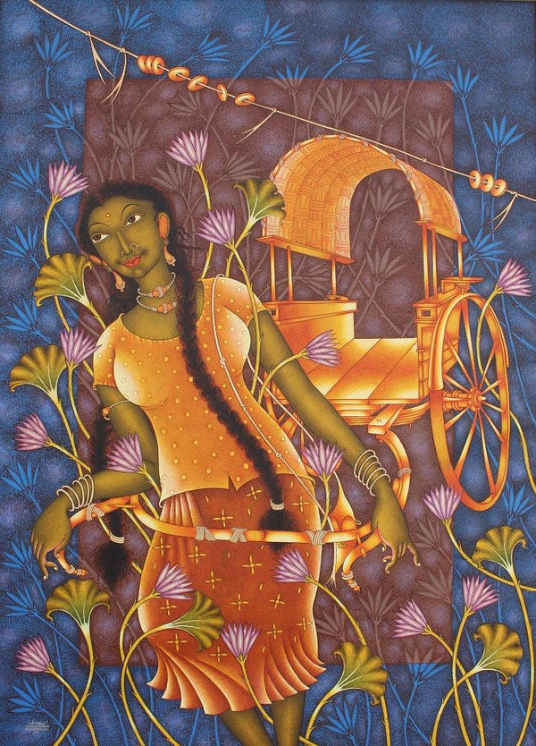 Figurative acrylic painting titled 'Sakatika Balika', 65x47 inches, by artist Manikandan Punnakkal on Canvas