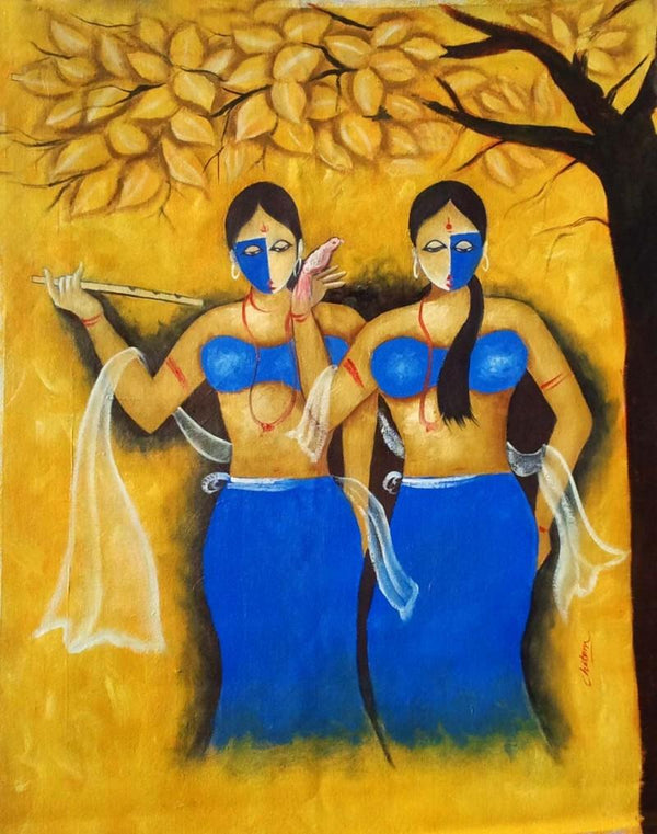 Impressionist oil painting titled 'Sakhi 2', 27x21 inches, by artist Chetan Katigar on Canvas