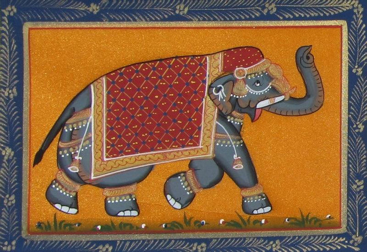 Animals miniature traditional art titled 'Saluting Elephant 1', 6x8 inches, by artist Unknown on Silk