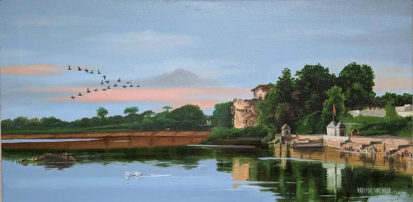 Cityscape oil painting titled 'Samantasar Lake', 18x36 inches, by artist Parimal Vaghela on Canvas