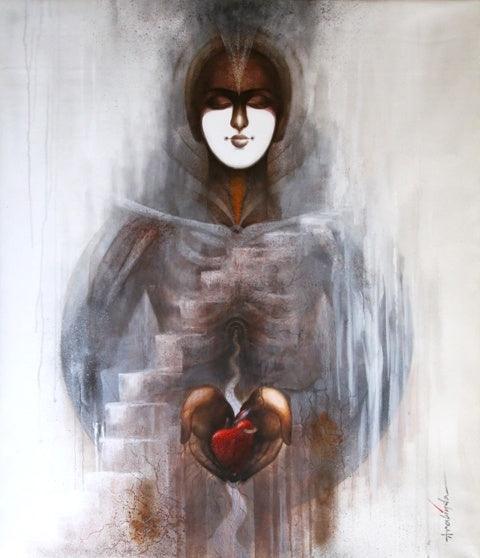 Figurative acrylic painting titled 'Samarpan 3', 42x36 inches, by artist Arabinda Samanta on Canvas