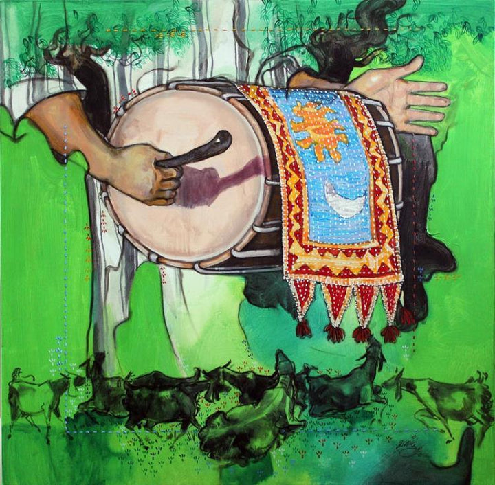 Fantasy acrylic painting titled 'Samvad 2/5', 30x30 inches, by artist Ramchandra Kharatmal on Canvas