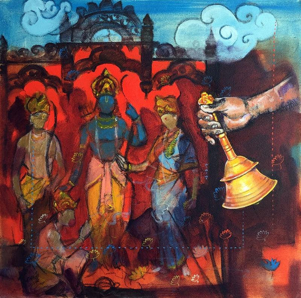 Figurative acrylic charcoal painting titled 'Samwad 9', 24x24 inches, by artist Ramchandra Kharatmal on Canvas