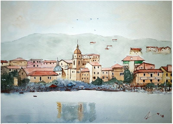 Cityscape watercolor painting titled 'San Terenzo Liguia Italy', 7x11 inches, by artist Arunava Ray on Paper