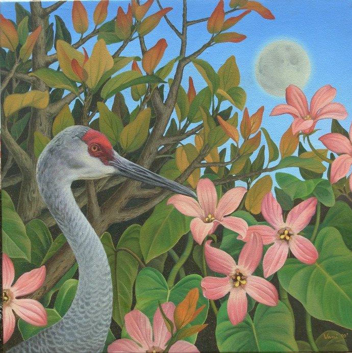 Nature oil painting titled 'Sandhill Crane', 24x24 inches, by artist Vani Chawla on Canvas