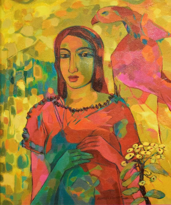 Figurative acrylic painting titled 'Sandhy With Bird', 31x26 inches, by artist Avinash Mokashe on Canvas