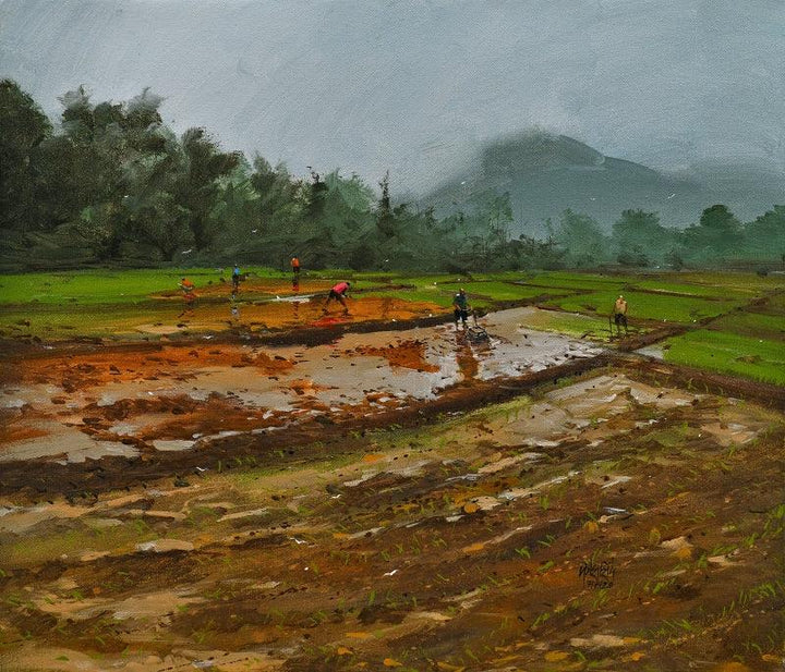 Landscape acrylic painting titled 'Sandhya', 21x24 inches, by artist Mangesh Shinde on Canvas