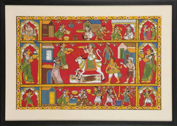 Folk Art cheriyal traditional art titled 'Sankrant festival', 18x26 inches, by artist Kalaviti Arts on Cloth