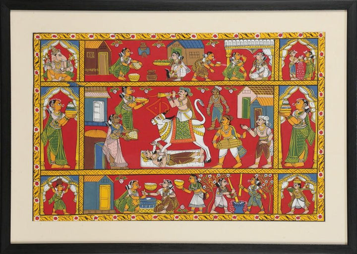 Folk Art cheriyal traditional art titled 'Sankrant festival', 18x26 inches, by artist Kalaviti Arts on Cloth