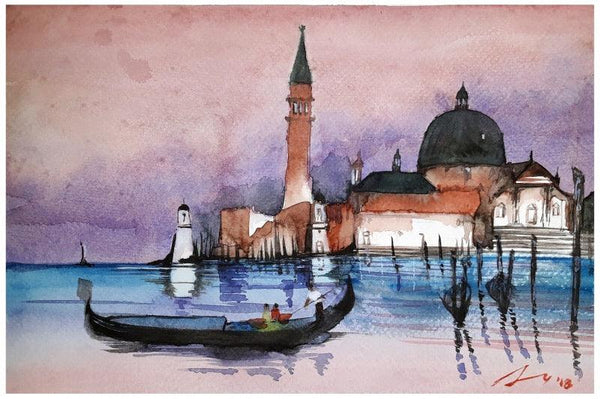 Cityscape watercolor painting titled 'Santa Maria Della Salute Venice Italy', 7x11 inches, by artist Arunava Ray on Paper