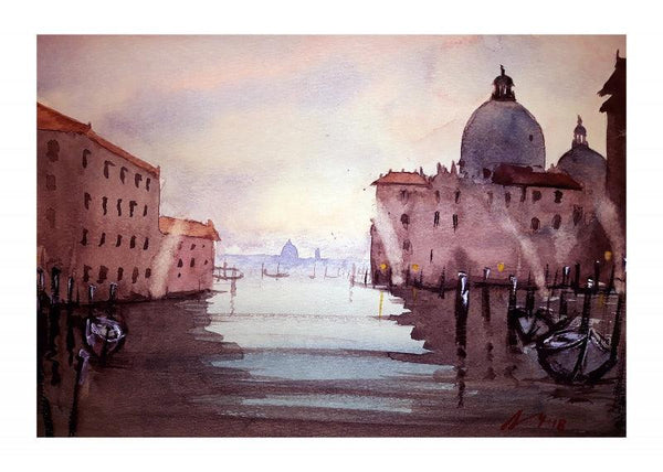 Cityscape watercolor painting titled 'Santa Maria Venice', 7x11 inches, by artist Arunava Ray on Paper