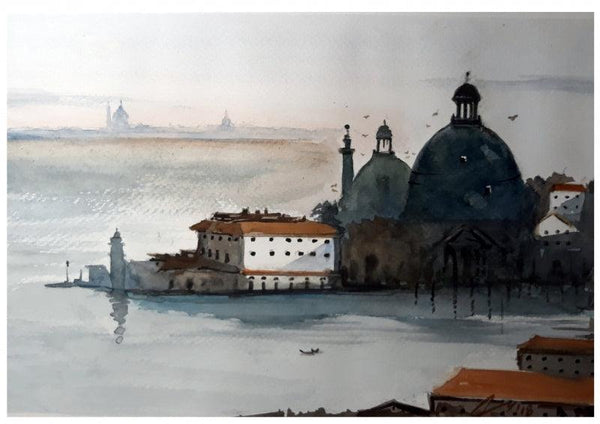 Cityscape watercolor painting titled 'Santa Maria Venice Italy', 7x11 inches, by artist Arunava Ray on Paper