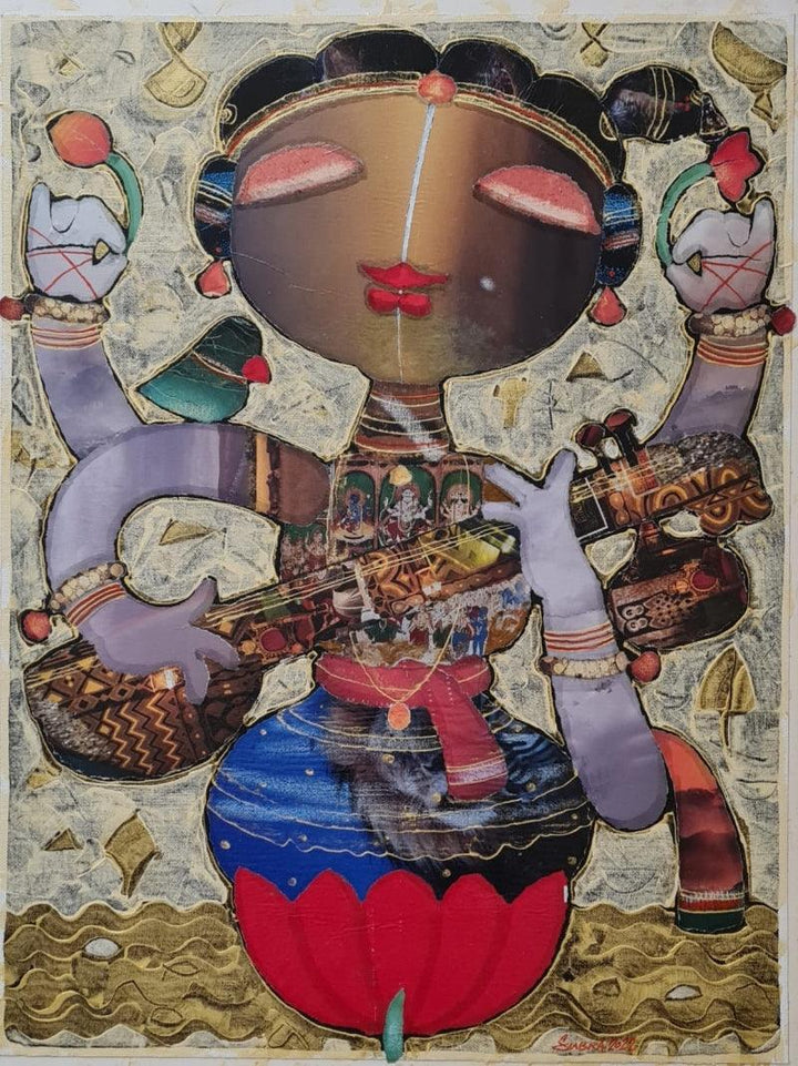 Religious mixed media painting titled 'Saraswathi', 24x18 inches, by artist G Subramanian on Canvas