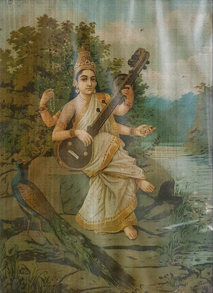 Religious oleograph painting titled 'Saraswati 7', 30x22 inches, by artist Raja Ravi Varma on Paper