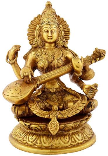 Religious craft titled 'Saraswati Brass Idol', 10x7 inches, by artist VS Craft on Brass