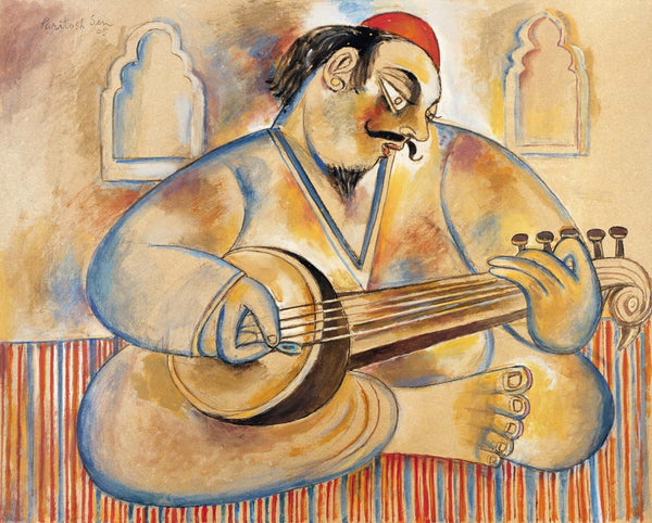 Figurative serigraphs painting titled 'The Sarod Player', 22x30 inch, by artist Paritosh Sen on Paper