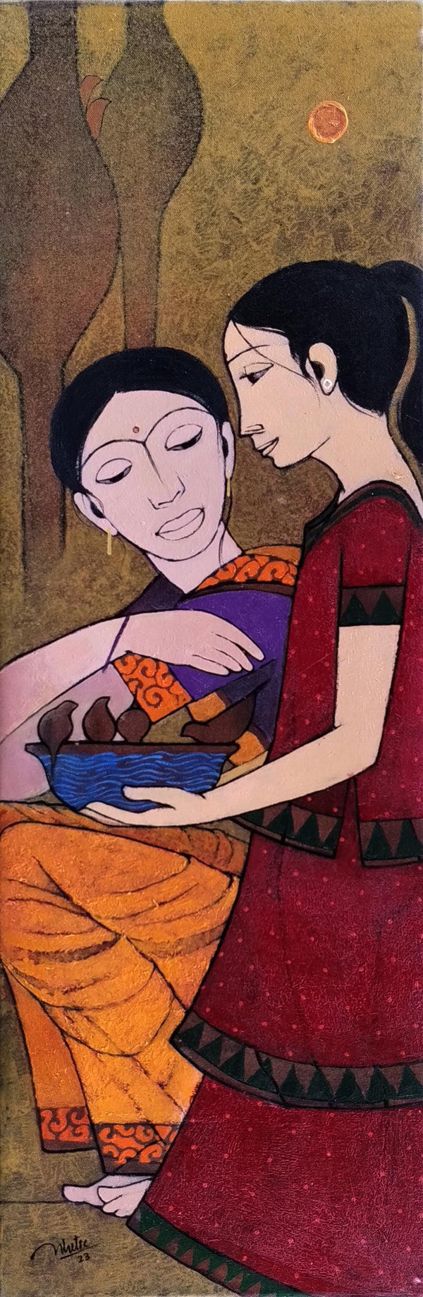 Figurative acrylic painting titled 'Satisfaction', 36x12 inches, by artist Rahul Mhetre on Canvas