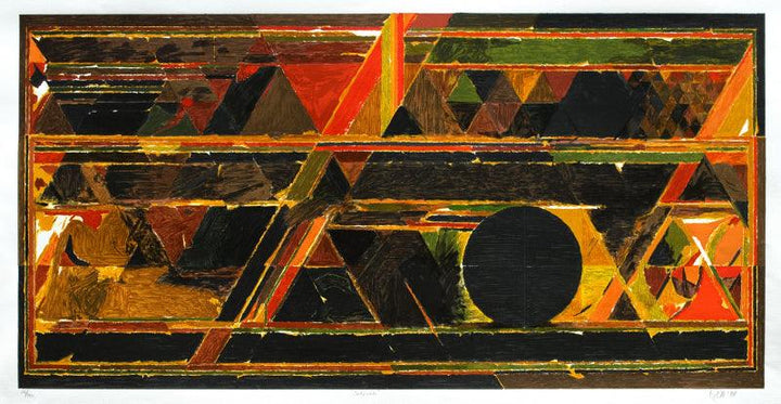 Abstract serigraphs painting titled 'Satpura', 30x54 inches, by artist S. H. Raza on Paper