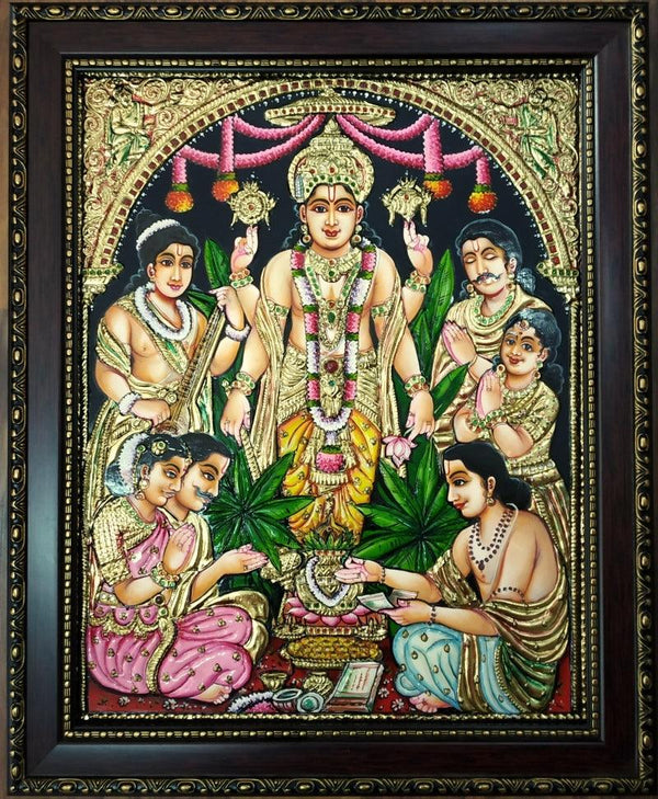 Religious tanjore traditional art titled 'Satynarayanaswamy Tanjore Painting', 20x16 inches, by artist VANI VIJAY on Plywood