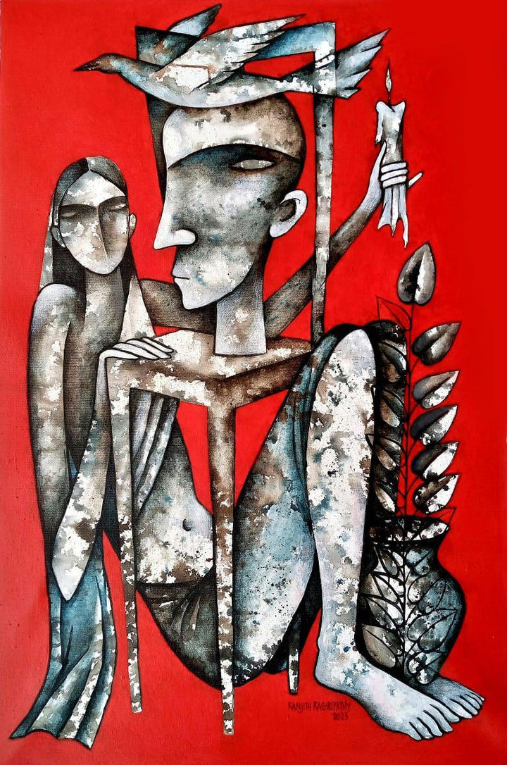 Figurative acrylic painting titled 'Scarlet Myths', 34x22 inches, by artist Ranjith Raghupathy on Canvas