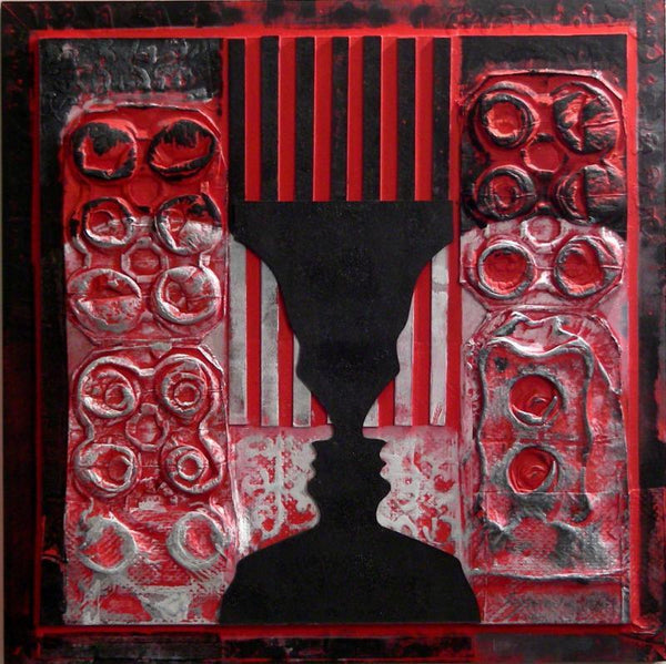 Figurative mixed media titled 'Scarlet Tides Duality Of Grey IV', 18x18 inches, by artist Vivek Rao on wood and acrylic