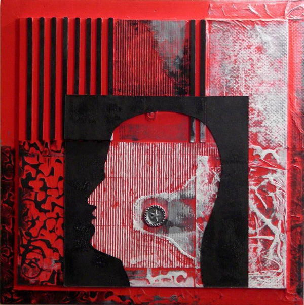 Figurative mixed media titled 'Scarlet Tides Duality Of Grey VII', 18x18 inches, by artist Vivek Rao on wood and acrylic