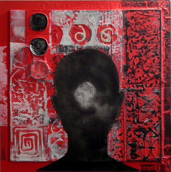 Figurative mixed media titled 'Scarlet Tides Duality Of Grey XI', 18x18 inches, by artist Vivek Rao on wood and acrylic