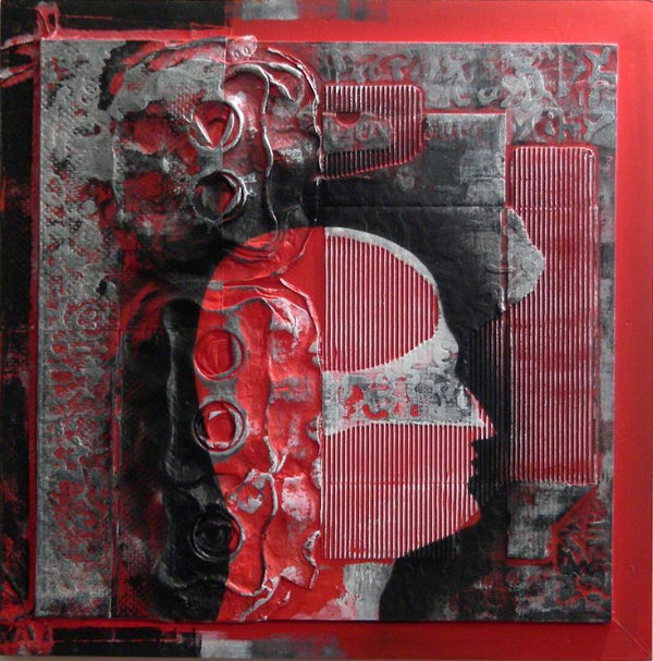 Figurative mixed media titled 'Scarlet Tides Duality Of Grey XII', 18x18 inches, by artist Vivek Rao on wood and acrylic