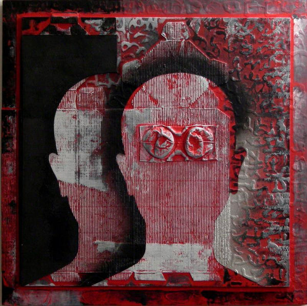 Figurative mixed media titled 'Scarlet Tides Duality Of Grey XIV', 18x18 inches, by artist Vivek Rao on wood and acrylic