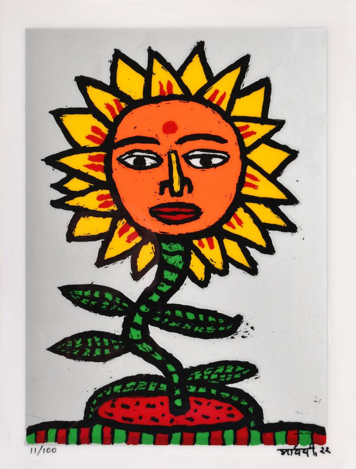 Nature reverse serigraph painting titled 'Scent Of The Sun', 16x12 inches, by artist Madhvi Parekh on Acrylic