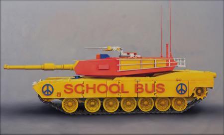 Fantasy oil painting titled 'School Bus', 36x60 inches, by artist Ravi Sachula on Canvas