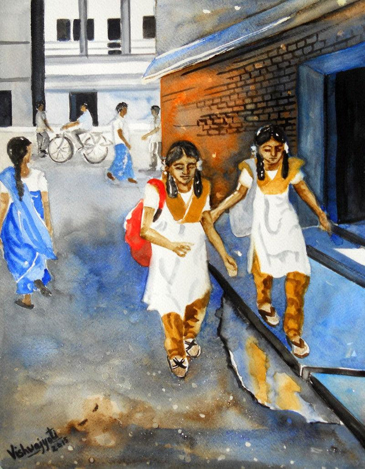 Figurative watercolor painting titled 'School Chalein', 16x12 inches, by artist Vishwajyoti Mohrhoff on Paper