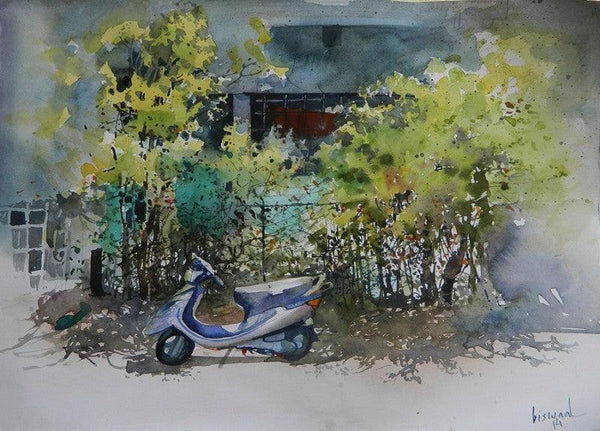 Cityscape watercolor painting titled 'Scooter Ouside Home', 11x16 inches, by artist Bijay Biswaal on Paper