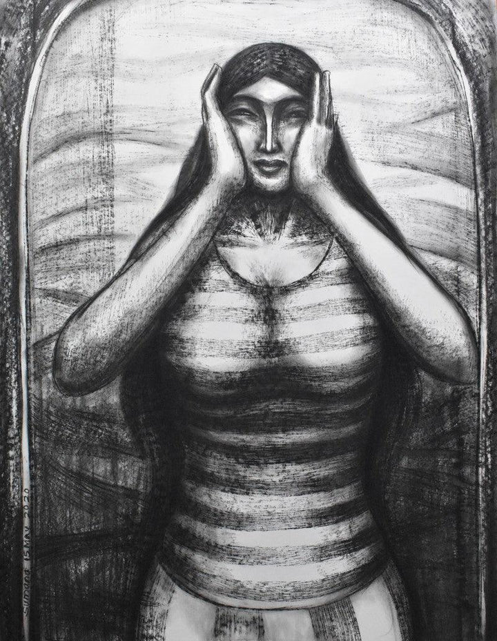 Figurative dry pastel drawing titled 'Scream Inside', 33x22 inches, by artist Sumana Nath De on Paper