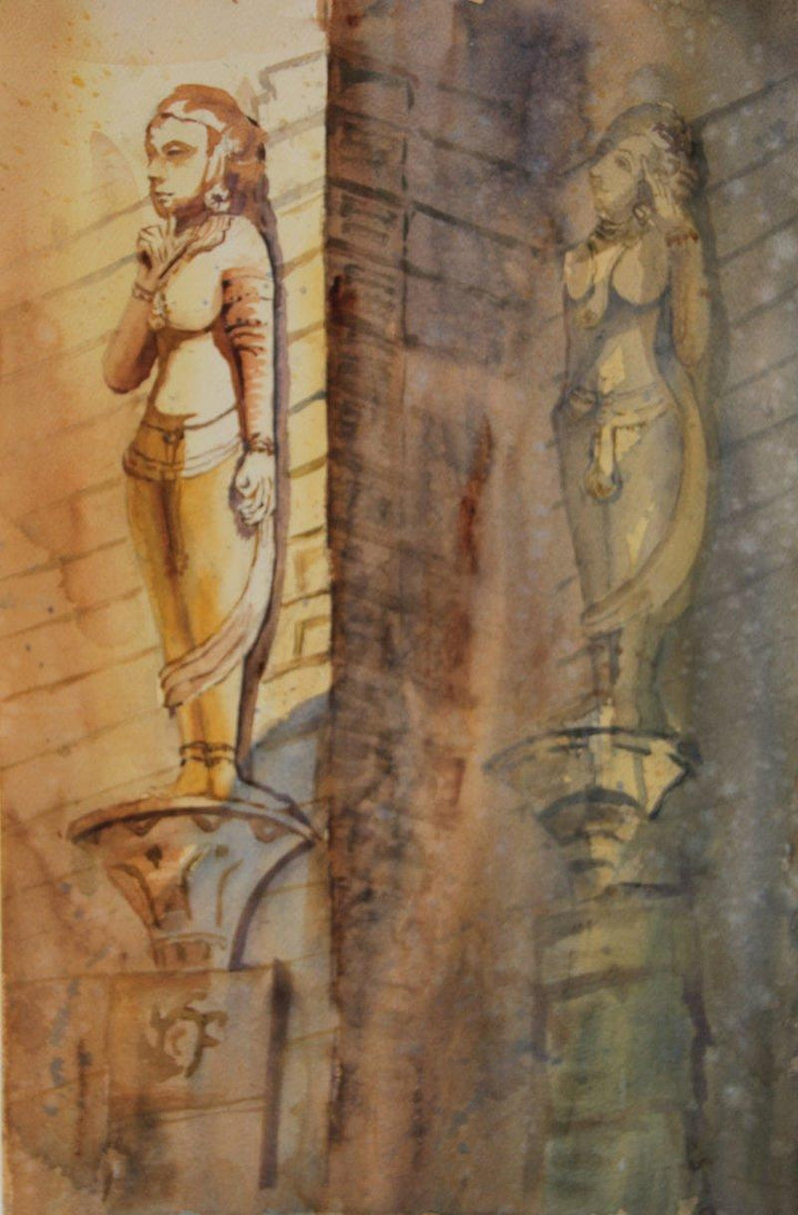 Cityscape watercolor painting titled 'Sculptures at Hathisingh', 22x14 inches, by artist Krupa Shah on Paper