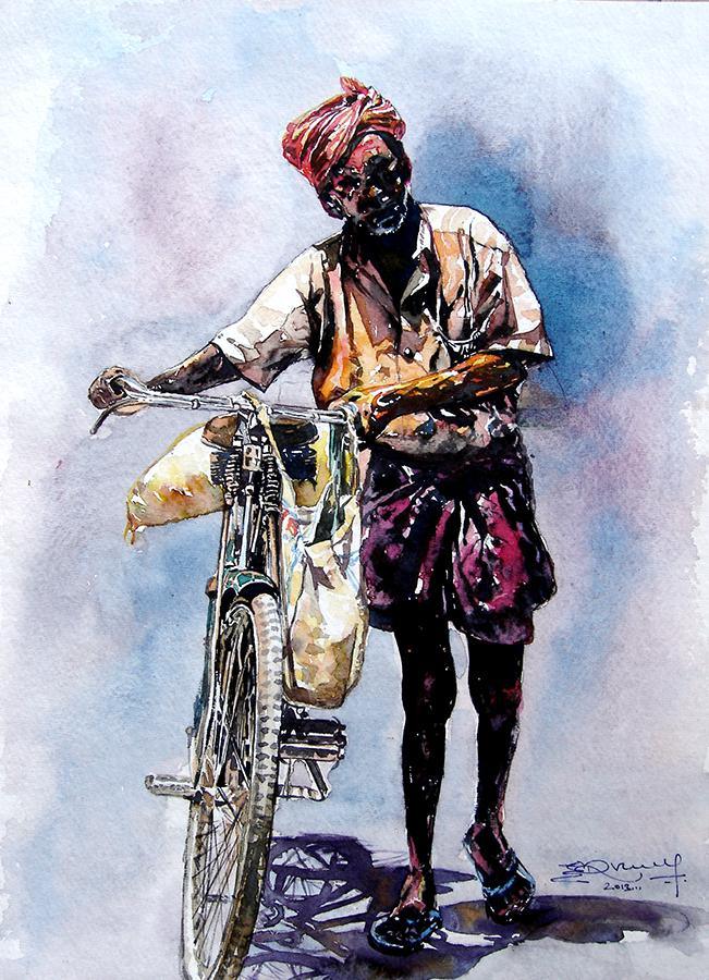 Figurative watercolor painting titled 'Scycle With Man', 15x11 inches, by artist SRV ARTIST on Handmade Paper