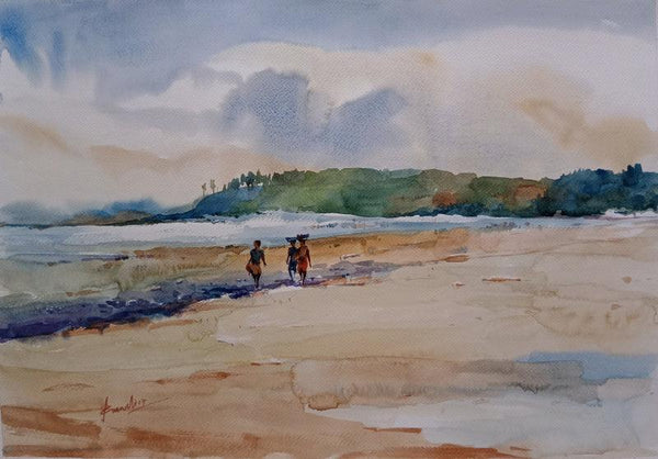 Landscape mixed media titled 'Sea Beach', 20x14 inches, by artist Prasanta Maiti on Paper