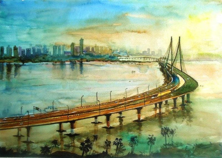 Cityscape watercolor painting titled 'Sealinkmumbai', 17x14 inches, by artist Chetan Agrawal on Handmade Paper