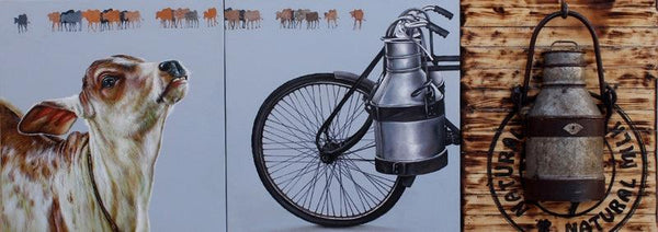 contemporary mixed media painting titled 'Searching For Food', 22x60 inches, by artist Anil Kumar Bodwal on Canvas