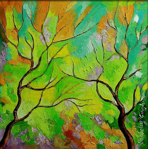 Nature oil painting titled 'Season Emarald', 12x12 inches, by artist Bahadur Singh on Canvas